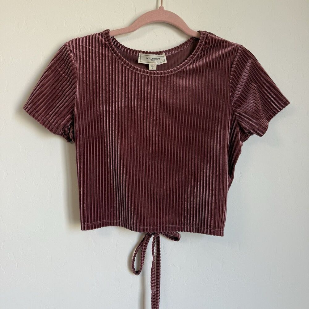 No Comment Y2K Velvet Ribbed Open Back Baby Tee Large Pink Mauve Boho Festival